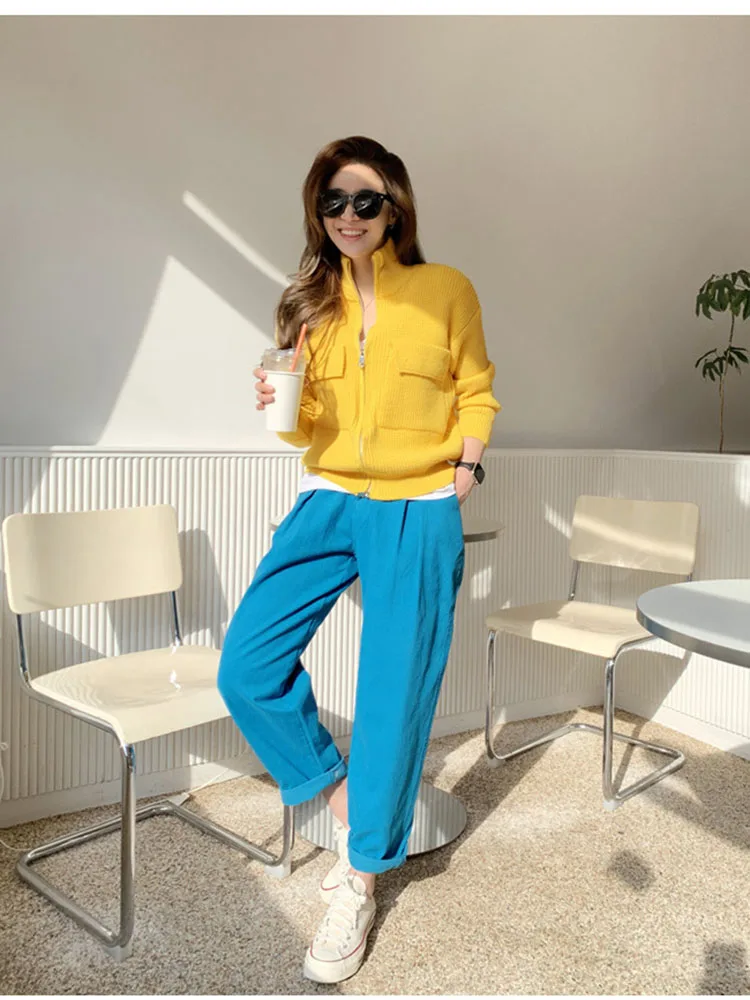 

Women Autumn Cardigan Korean Version Temperament Clear White Thin Solid Neck Knit Thickened Cardigan Sweater Coat D4701