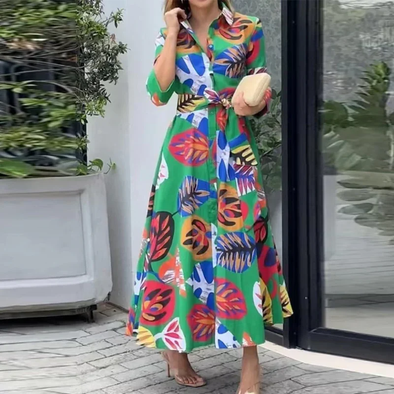 Женское длинное платье-рубашка на завязках повседневное элегантное