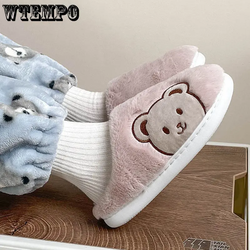 WTEMPO Cute Slippers Cartoon Bear Slides Non-Slip Winter Plush Slippers Couple Cotton Slippers Indoor Warm Shoes Wholesale