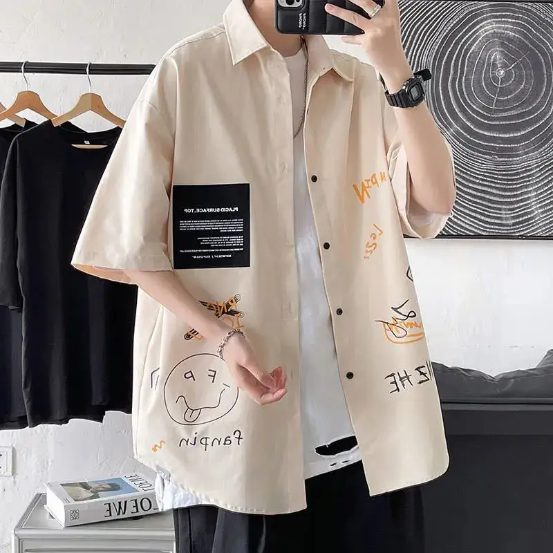 

Clothing Fashion Graffiti Oversized Korean Shirt Summer Spring Shirts Breasted Men's Style Men's Men Harajuku Single Sleeve Half