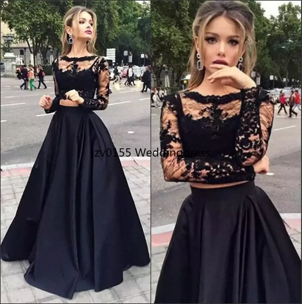 

unique Black Two Pieces Prom Dresses Long With Sleeves A Line Sexy Crew lace Evening Dresses western party gowns