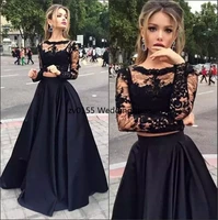 unique black two pieces prom dresses long with sleeves a line sexy crew lace evening dresses western party gowns