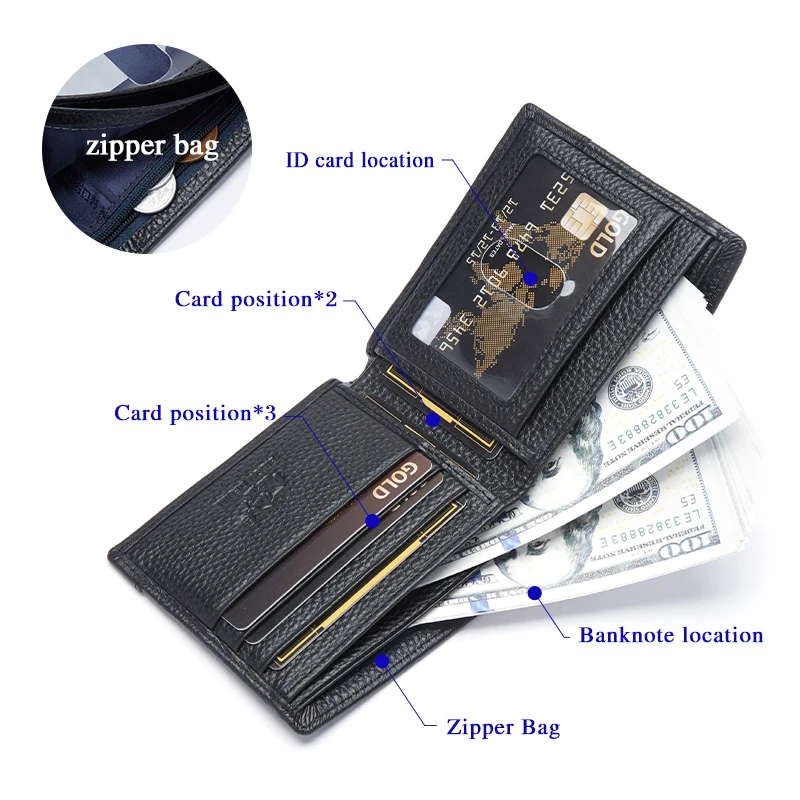 BISONDENIM Genuine Leather Men Wallets Coin Pocket Card Holder Male Purse Fashion Wallets High Quality Gift for Husband Father