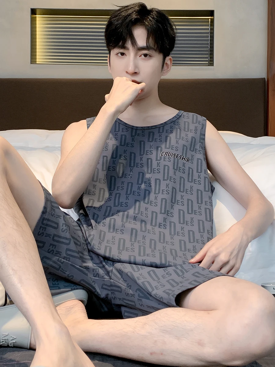 Пижама Мужская Летняя хлопковая Новинка 2024 жилет без рукавов мужские летние