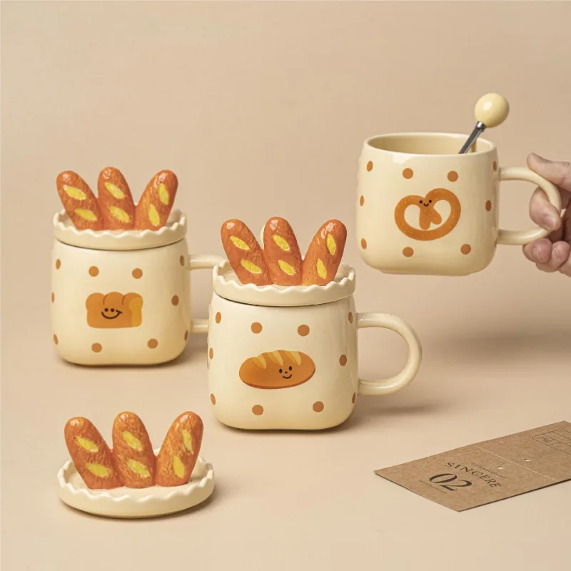 

Cute Ceramic Bread Coffee Mug Breakfast Milk Mug Handgrip Water Cup Porcelain Crafts Household Kitchen Drinkware Birthday Gift
