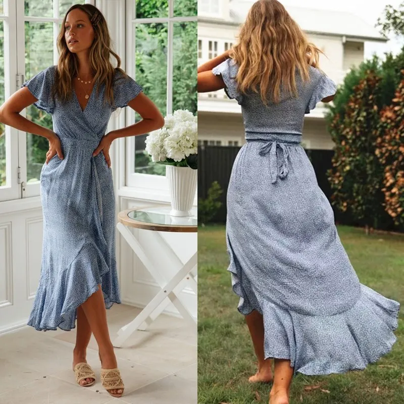 

European and American Bohemian Vacation Style Small Floral Lace-up Waist-Controlled One-Piece Wrap Mid-Length Dress Summer Women
