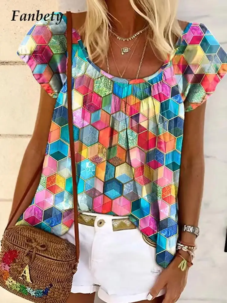 

Colorful Geometric Print O-Neck Holiday Short Sleeve Top Vintage Street Loose Pullover Blouses Shirts Women Casual Summer Blusas
