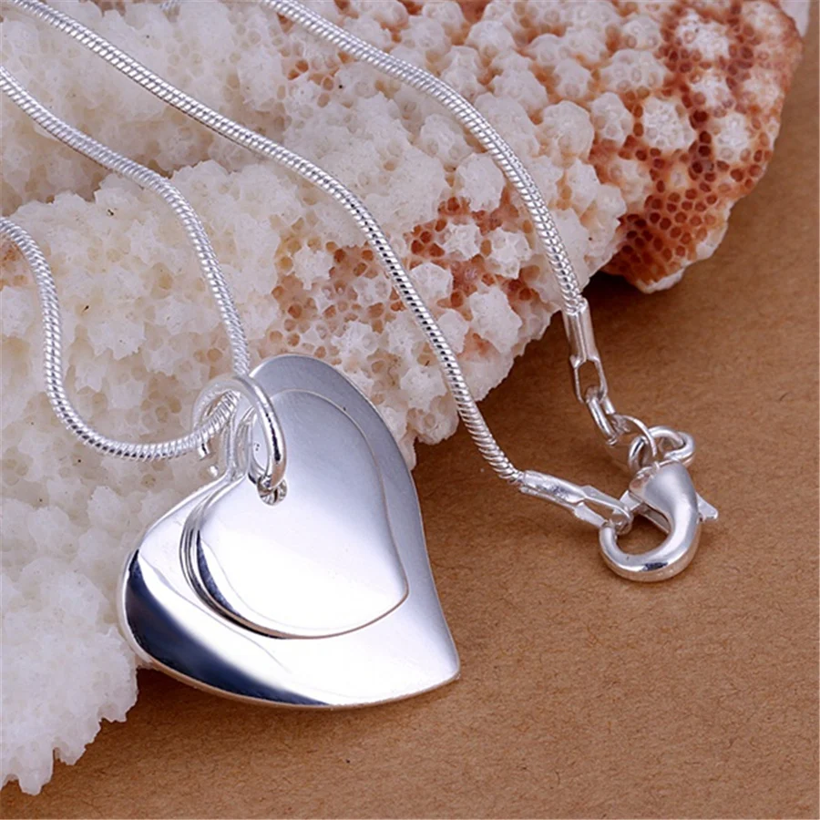 

Hot new 925 Stamp Silver color double heart card Pendant Necklace for women Christmas gifts fashion luxury party wedding Jewelry