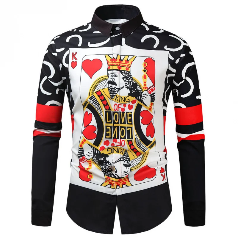 

European Code 2022 Autumn New Playing Card Printing Shirts Mens Long Sleeve Collared Oversized Shirt