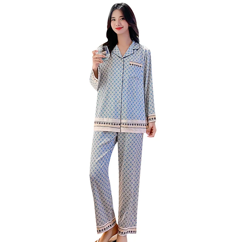 5xl  Spring and Autumn Light Luxury Pajamas Ladies Long Sleeves Two Pieces Home Clothes Silk Sexy Plus Size Women's Pajamas