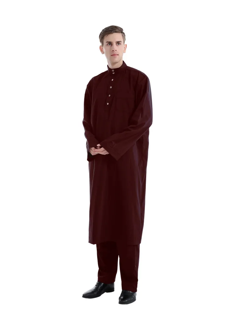 Men's New Arab Muslim Middle East Solid Color Robe Pants Two-Piece Set