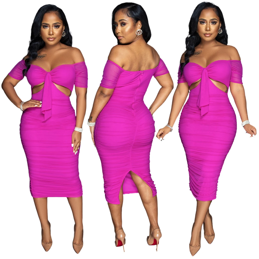 

Sexy Off Shoulder Cutout Pleated Slit Mid Dress