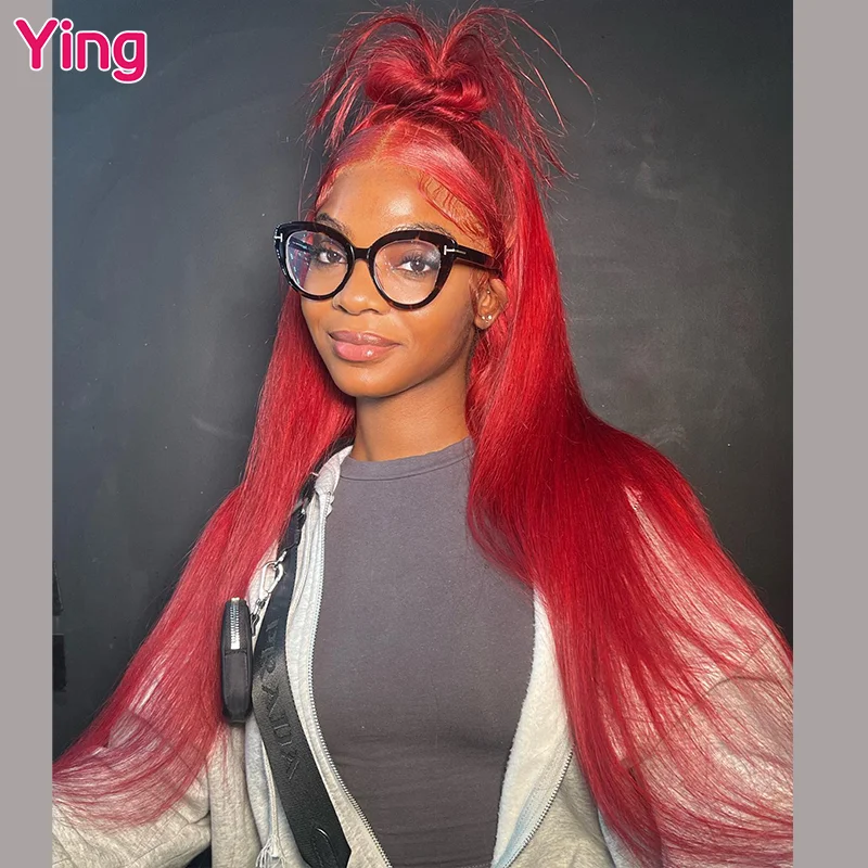 

Ying Hot Red Color 200% Peruvian Bone Straight 13x4 Transparent Lace Front Wig PrePlucked With Baby Hair 13x6 Lace Front Wig