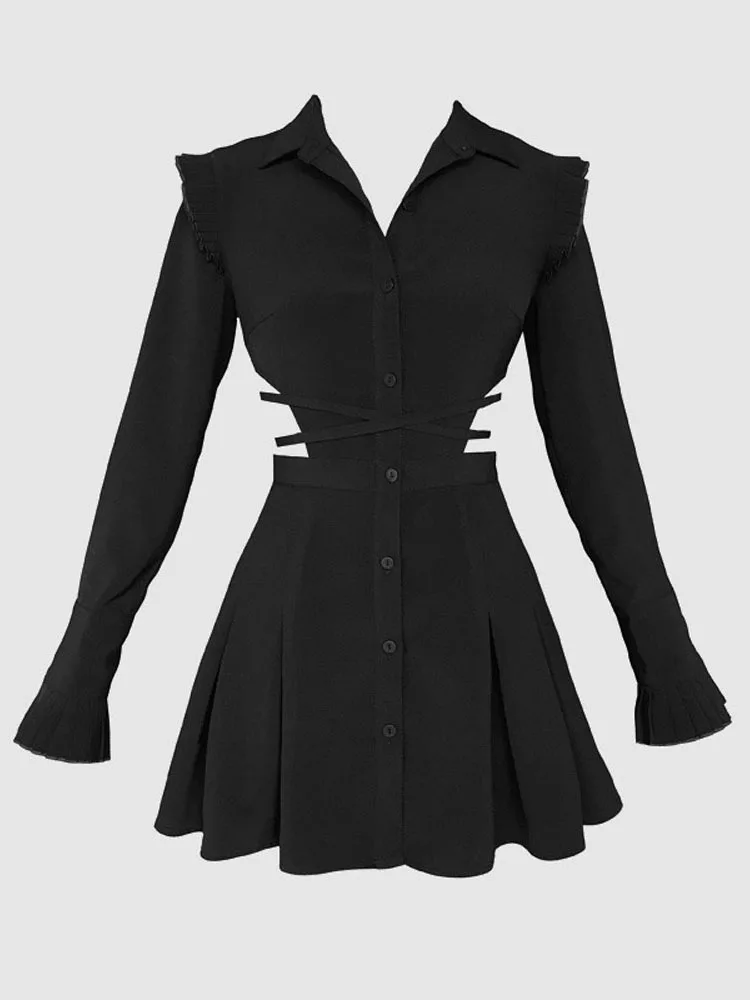 

Hollowed Out Pleated Shirt Skirt Casual Women's Dresses for Women 2022 Street Style Traf Thin and Dark Design Lolita Dress Robe