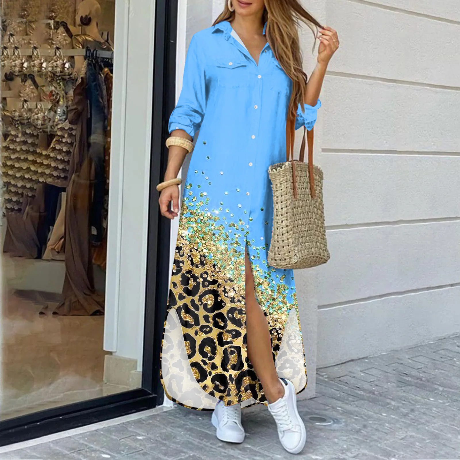 

Женское Повседневное платье-рубашка, длинное городское платье с абстрактным леопардовым принтом, весна-лето