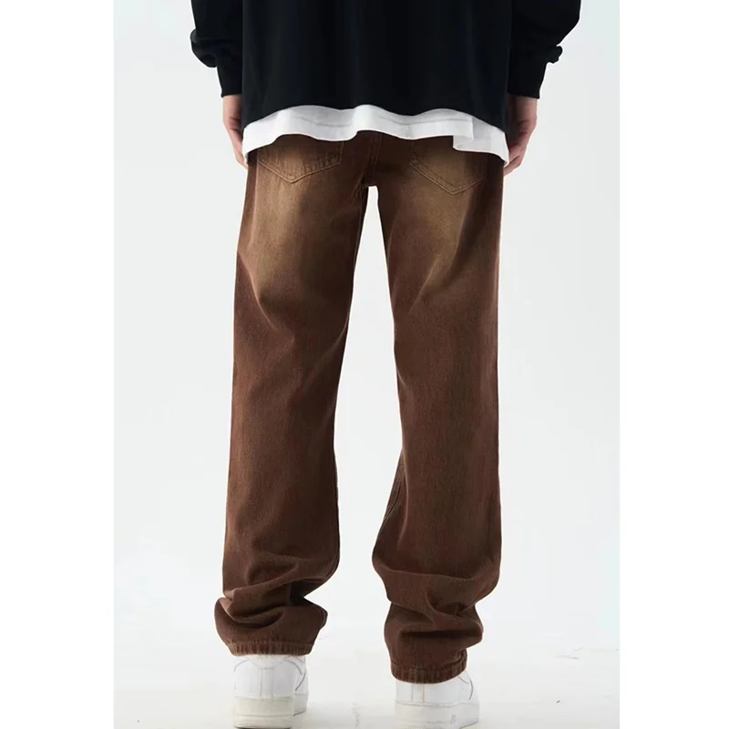 Men Clothing Sense of Design Brown High Waist Wide Leg Pants Loose Straight Cylinder Recreational Jeans Autumn and Winter Female