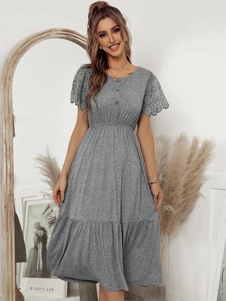 

2022 New Lace Short Sleeve Knitting Dress For Women Casual Solid O Neck Button Ladies Spring Summer Medium Long Elegant Dress