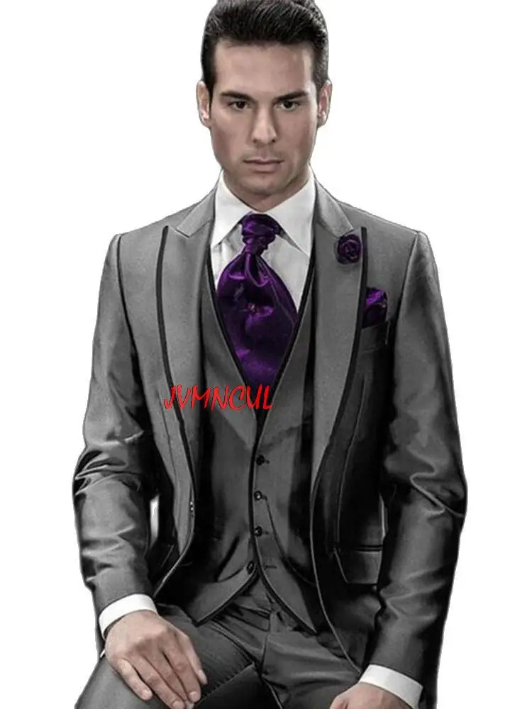 

Custom Made 3Pcs Jacket Pants Vest Slim Fit Groom Wedding Suits Sliver Man Suits Blazer Trousers Bridegroom Groomsmen Clothing