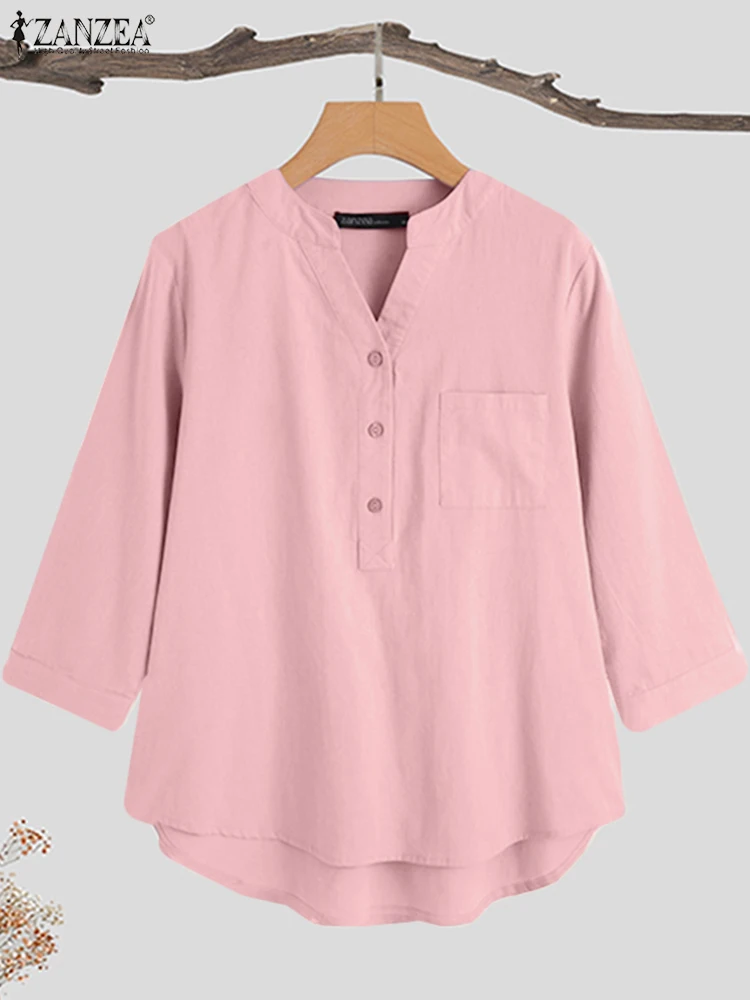 

ZANZEA New Summer Women Solid Blouse Half Sleeve V-Neck Work Button Pockets Shirt Fashion Elegant Casual Oversized Holiday Top