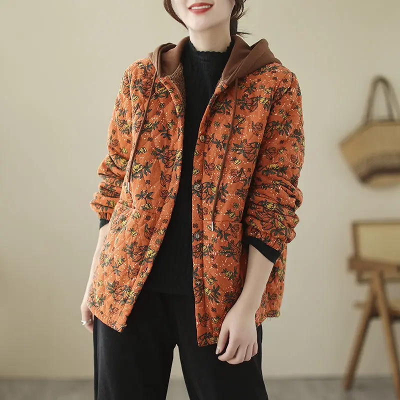 Large Size Women's Fleece Jacket 2022 Autumn And Winter National Style  Retro Floral Padded Thickened Cotton Coat Outewear T1497