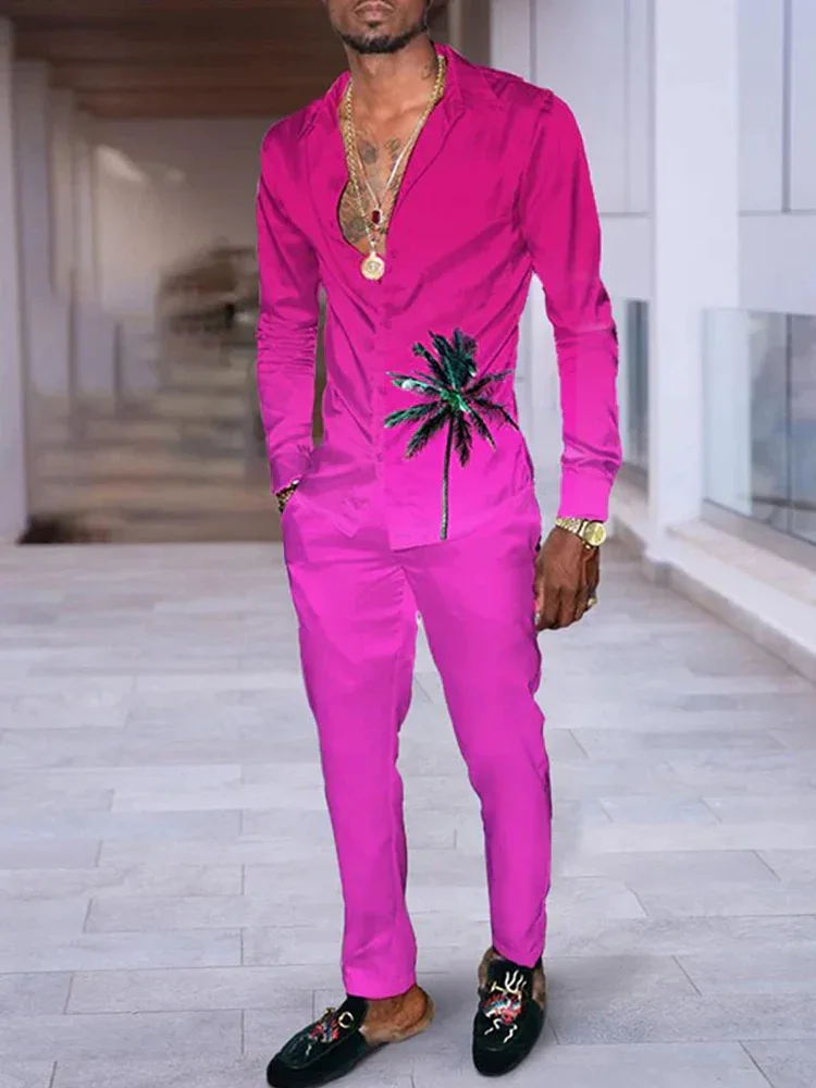 Spring Autumn Men's Shirt With Trousers Coconut Trees 3D Print Harajuku Two-Piece Set Same color Casual Entertainment Tracksuit