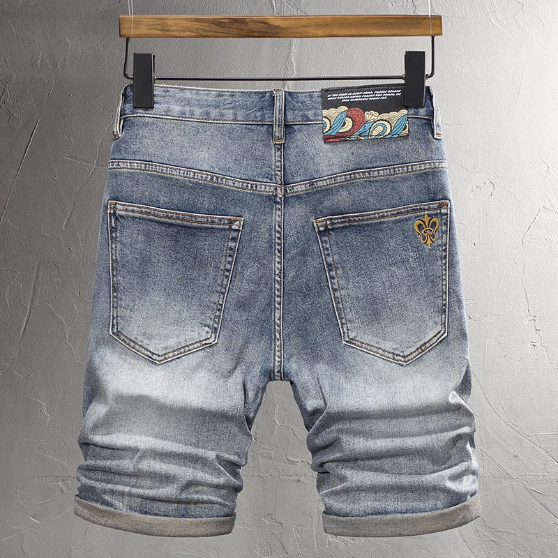 Summer Fashion Men Jeans Retro Washed Blue Embroidery Designer Elastic Casual Short Jeans Homme Vintage Cotton Denim Shorts Men