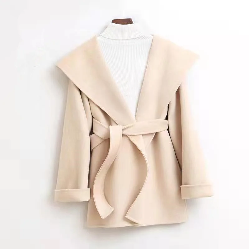 

Winter Autumn New Loose Mid-length Double Sided Jacket Women Solid Color Outerwear Belt Hooded Long Sleeve Wool Coat Female