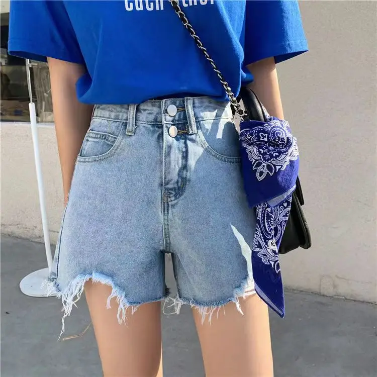 New Casual High Waist Denim Shorts Women Summer Pocket Tassel Hole Ripped jeans Short Female Femme Short Pants N1