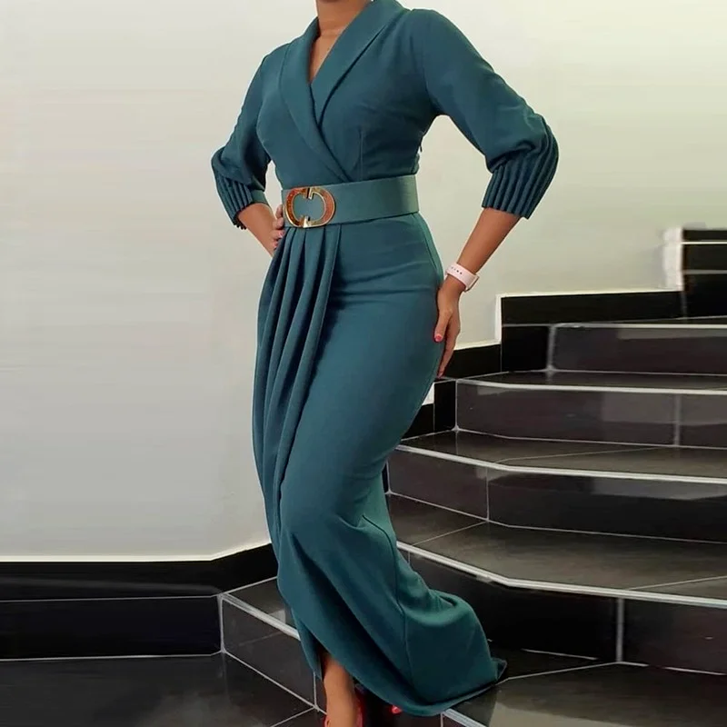 

Plus Size Office Dresses For Ladies 2021 Formal Classy Elegant African Women Casual Business Autumn Pleated Long Maxi Dress 2021