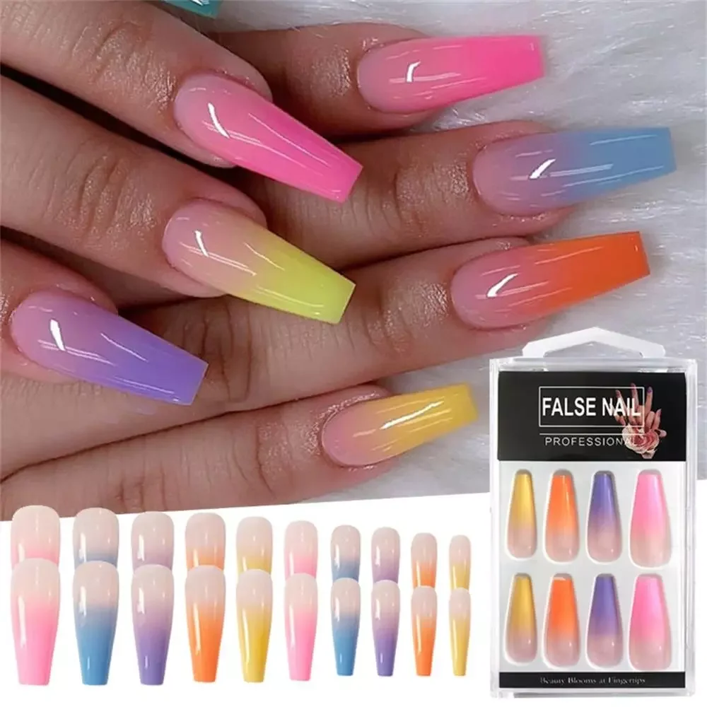 

NEW Long Coffin Fake Nails Rainbow Ballerina Full Cover Nail Art Tips Beauty Artificial False Nails Manicure Charms