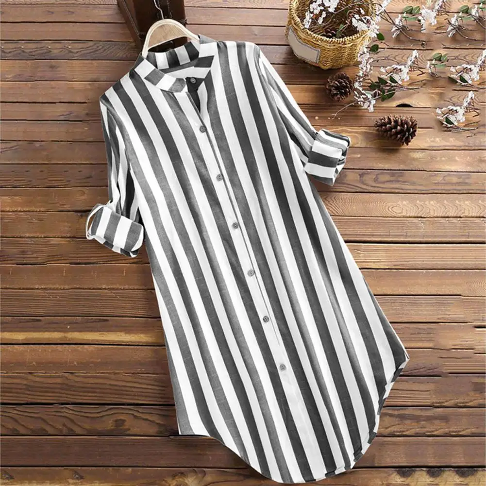 

Women Elegant Long Sleeve Buttons Down Shirt Casual Spring Autumn Blouse Female V Neck Stripe Irregular Tops блузка женская