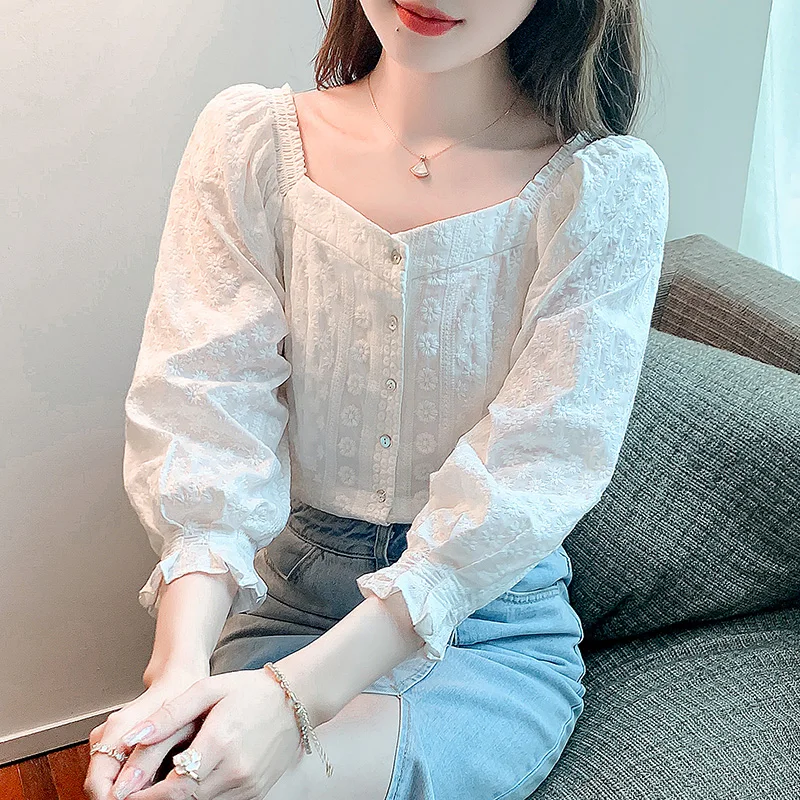 

New style spring summer loose thin sweet 7-point Bubble Sleeve Ruffle shirt female 612j, 411-6