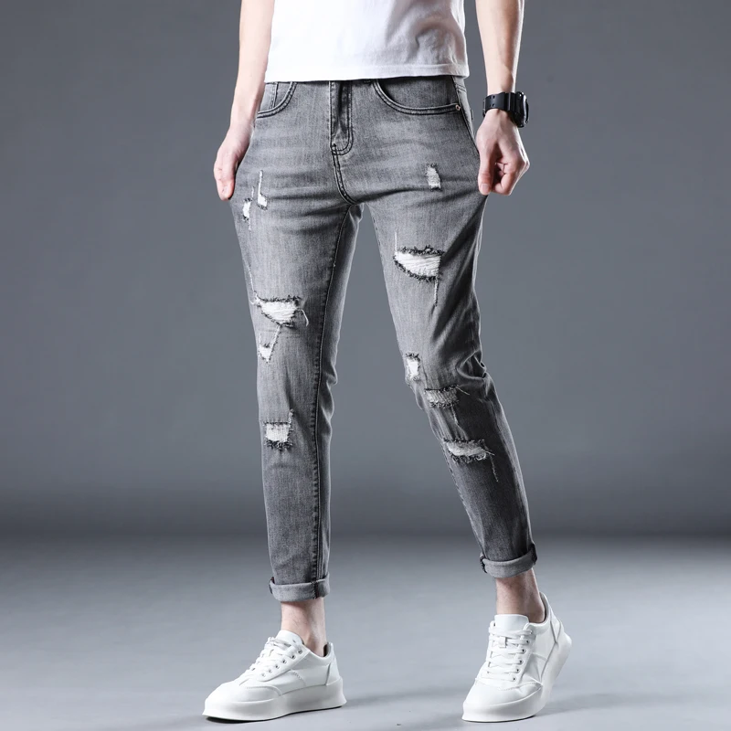 Мужские узкие джинсы в стиле хип-хоп рваные серые эластичные облегающие