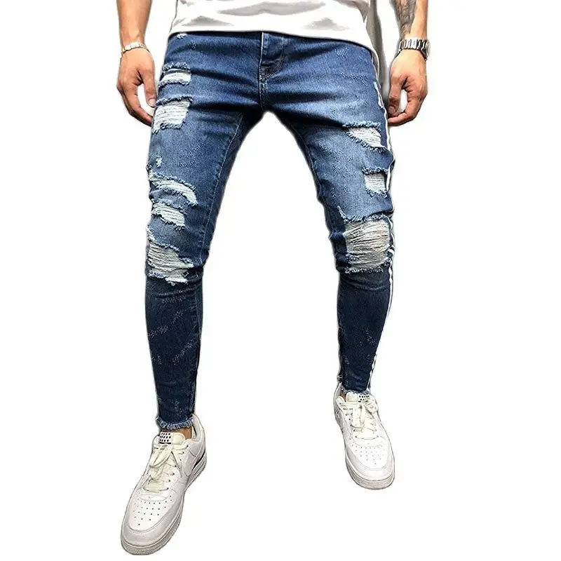 

Мужские рваные джинсы, синие Стрейчевые брюки-карандаш, повседневная спортивная одежда, лето 2022