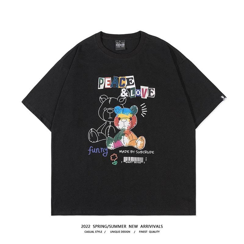 

Summer Casual Cotton Unisex Fashion Short Sleeve Tees 2022 Men Streetwear T Shirt Harajuku Cartoon Bear Graphic Print Tshirts