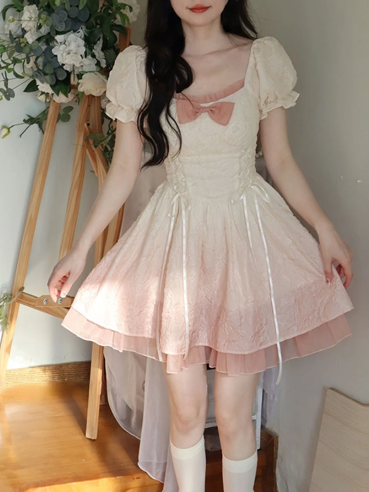 

2023 летнее милое платье в стиле "Лолита", женское повседневное мини-платье с коротким рукавом Y2k, элегантное винтажное пляжное цельное платье, корейский шик