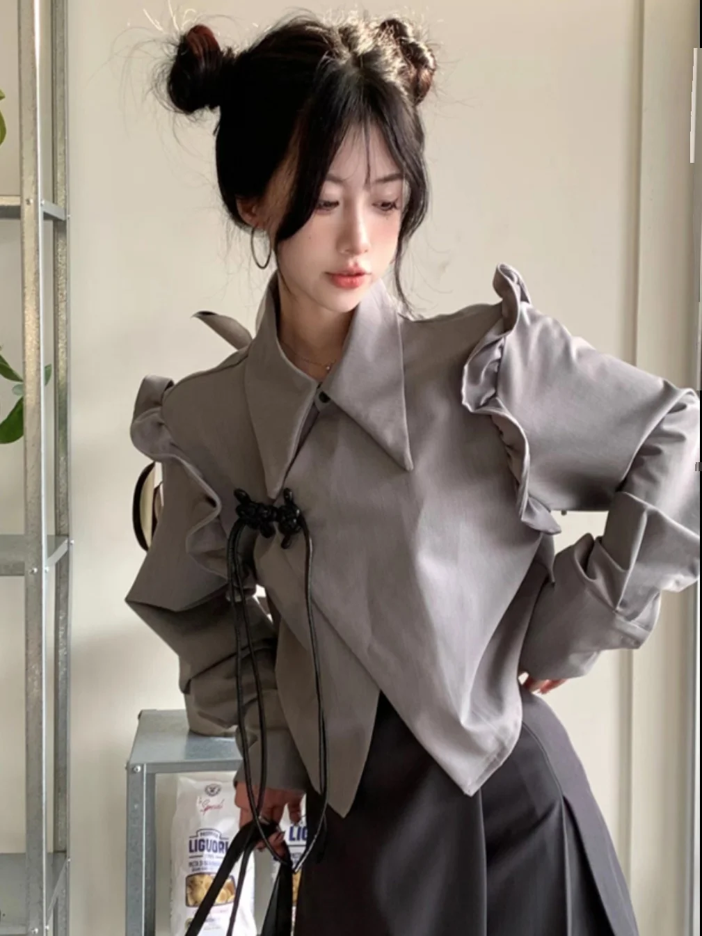 Женская рубашка с длинным рукавом серая Готическая блузка в китайском стиле