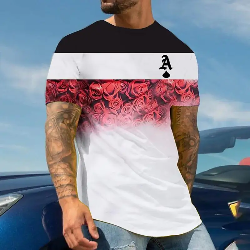 

2023 Summer Men's T-shirt 3D Spring/Summer Street Style Round Neck Fashion Poker Print Short Sleeve Zebra Stripe Extra Large Top
