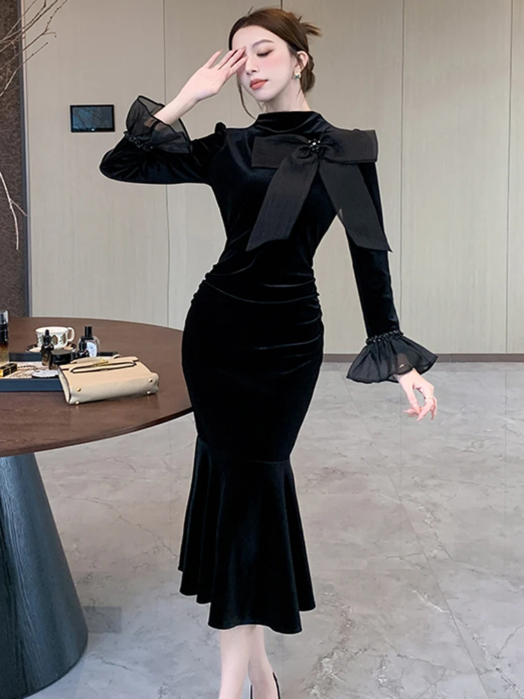 Темпераментные элегантные черные бархатные вечерние платья для женщин милое