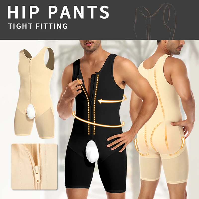 Men Shapewear with Butt Pads Bodysuit Tummy Control Full Body Shaper Compression Slimming Underwear Butt Lifter Open Crotch