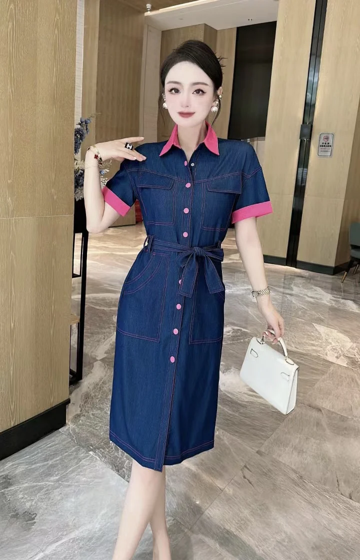 

2023 spring and summer women's clothing fashion new Contrast Color Bright Line Breasted Denim Dress 0621