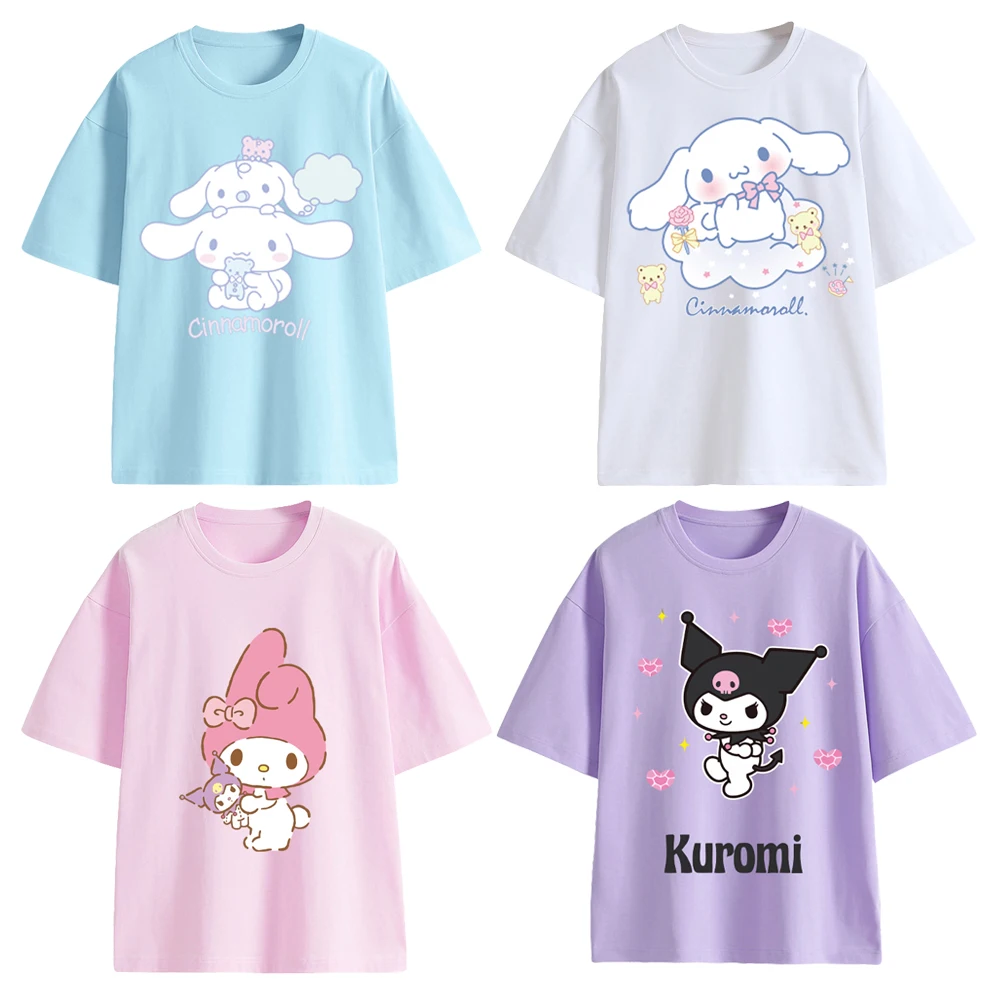

Sanrios Kuromi My Melody Cinnamoroll детская футболка 100% Чистый хлопок Аниме Фигурка кавайная Высококачественная с коротким рукавом подарок на день рожден...