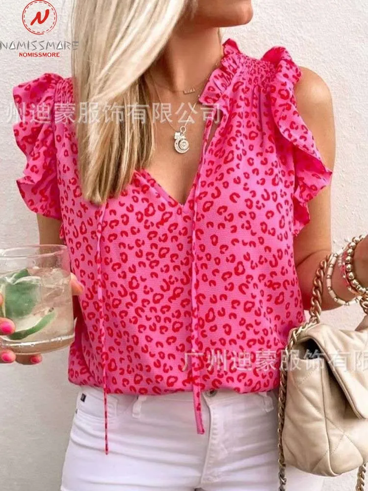 

Футболка женская с леопардовым принтом, милая бандажная рубашка в стиле пэчворк, с оборками, с V-образным вырезом, повседневный Свободный пу...