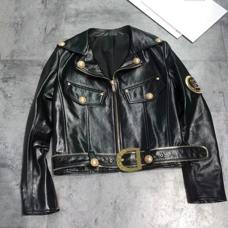 

Women Coat Spring Autumn Short Length Locomotive Model Style Aurora Leather Jacket Pattern Of letters Turn-Down Collar