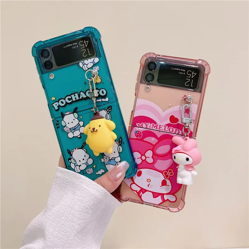 

Cute Cartoon Sanrio Kuromi Cinnamoroll With 3D Doll Pendant Phone Case For Samsung Galaxy ZFlip3 ZFlip4 5G Anti-drop Back Cover