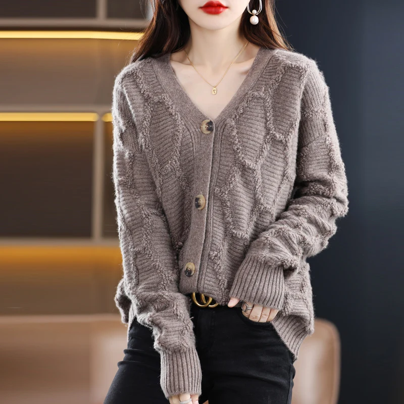 Autumn And Winter New Wool Cardigan Women's V-Neck Sweater Coat Thickened Pure Wool Loose All-Match Temperament Knitted Sweater