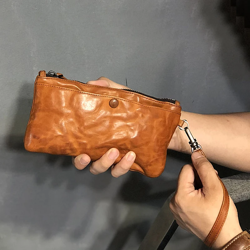 EUMOAN  New Handmade Vegetable Tanned Soft Leather Men's Clutch Large Capacity Leather Women's Long Wallet Bag Card Holder