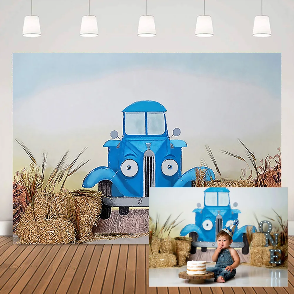 

Синий грузовик мальчик Портрет фон для торта разбивать стог сена ковбой Дети День рождения фотографии фоны для студийной фотосъемки