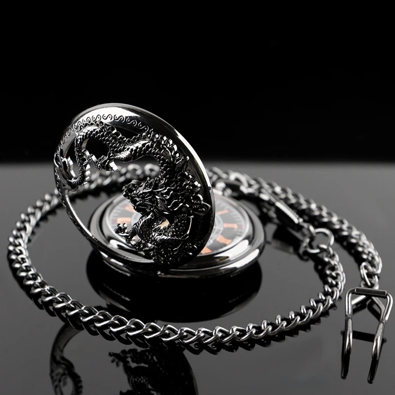 Fashion Steampunk Black Flying Dragon Embossed Mechanical Pocket Watch Vintage Bracelet Waist Chain Accessories Gentleman Watch