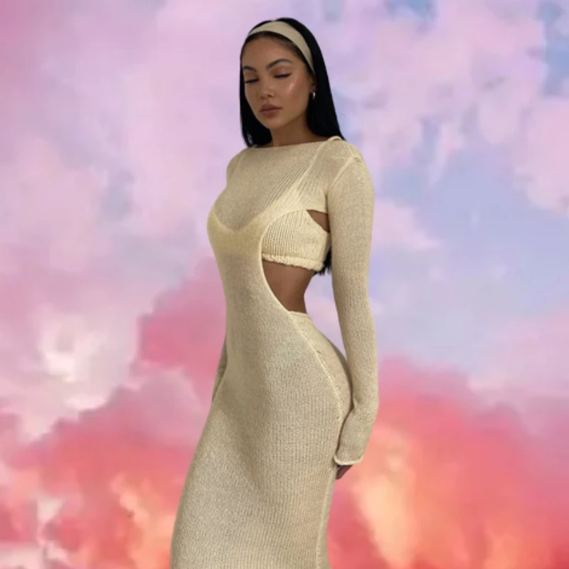 New Knitted Long Sleeve Cutout Sexy Party Dress Slim Wrap Hip Style Dress